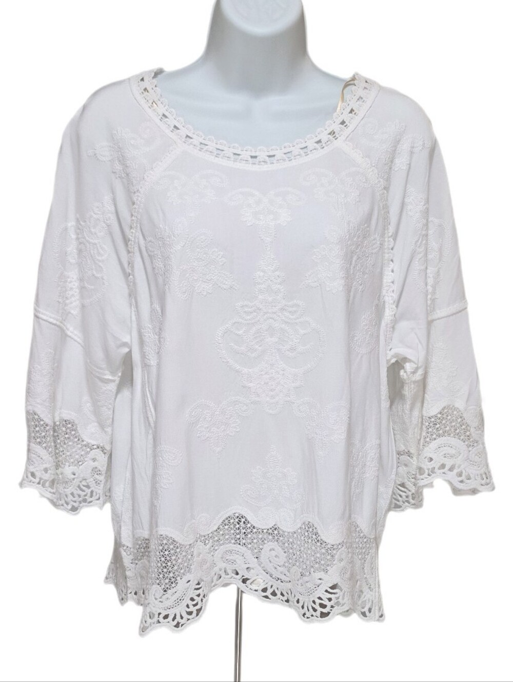 Democracy Embroidered Crochet Boho Blouse Top Scoop Neck 3/4 Bell Sleeve White M